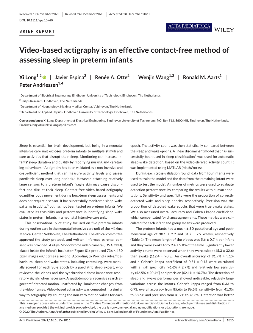 PDF) Video‐based actigraphy is an effective contact‐free method of  assessing sleep in preterm infants