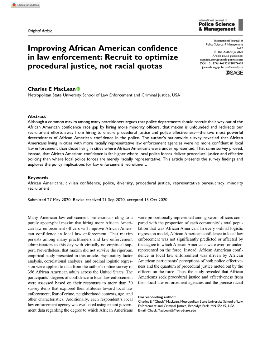 Pdf Improving African American Confidence In Law Enforcement Recruit To Optimize Procedural Justice Not Racial Quotas