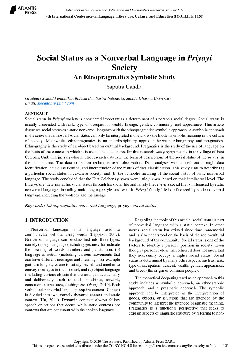 PDF) Social Status as a Nonverbal Language in Priyayi Society: An 