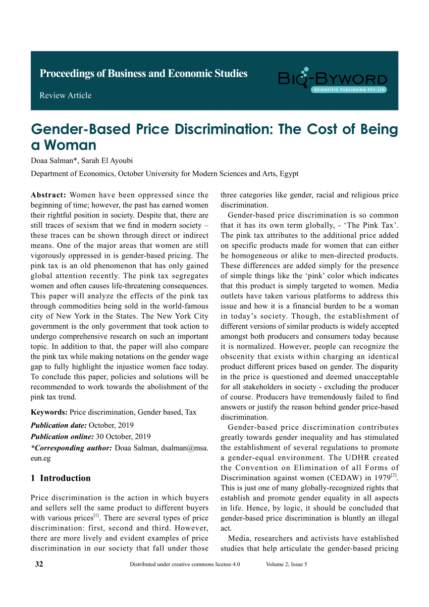 PDF) Gender-Based Price Discrimination: The Cost of Being a Woman