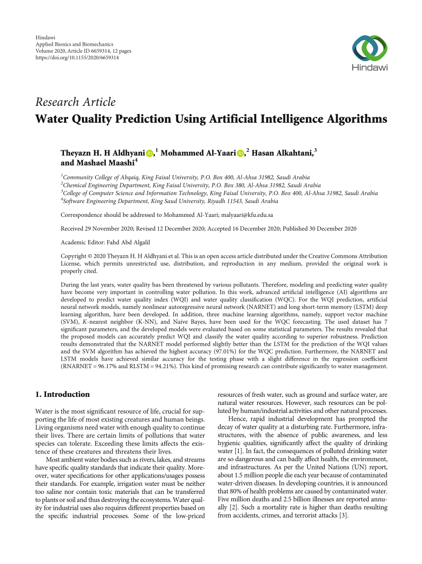 Pdf Water Quality Prediction Using Artificial Intelligence Algorithms