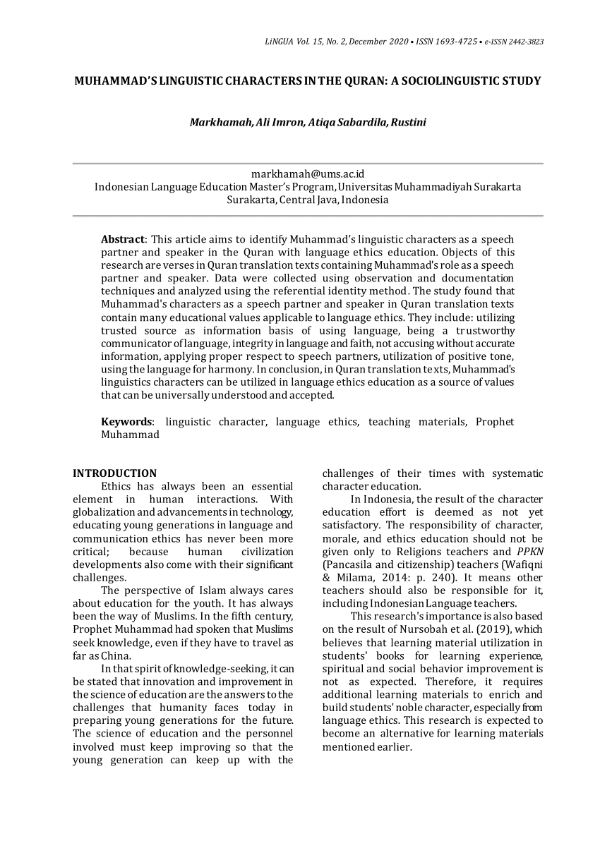 Pdf Muhammad S Linguistic Characters In The Quran A Sociolinguistic Study