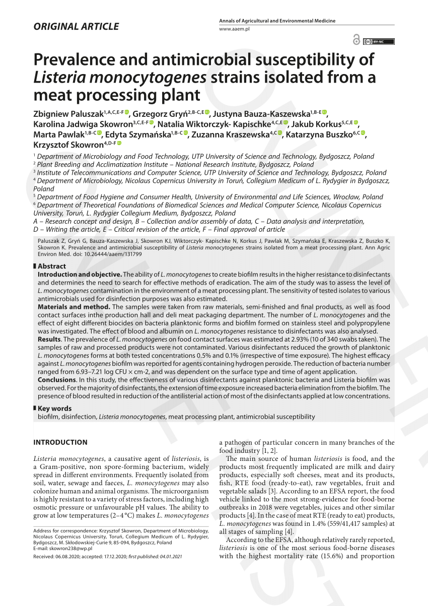 Pdf Prevalence And Antimicrobial Susceptibility Of Listeria Monocytogenes Strains Isolated From A Meat Processing Plant
