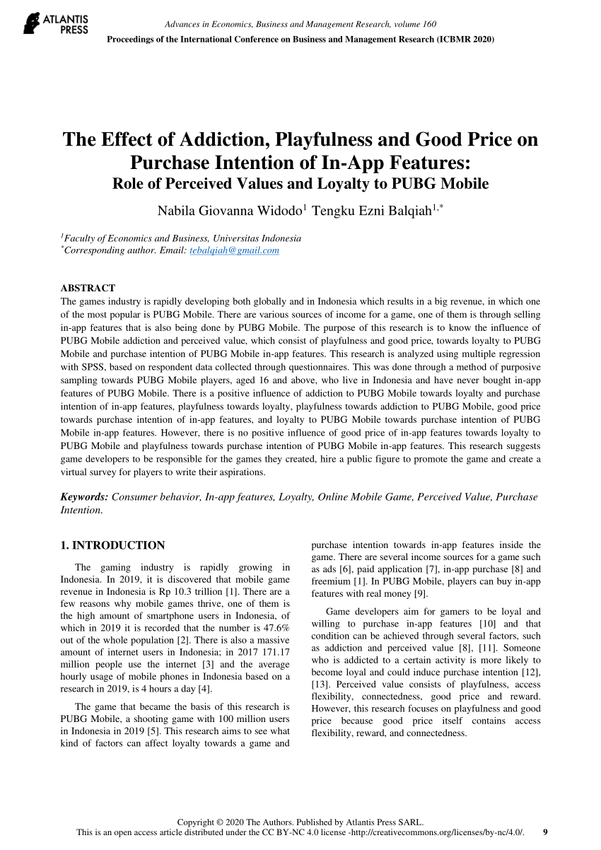 Pdf The Effect Of Addiction Playfulness And Good Price On Purchase Intention Of In App Features Role Of Perceived Values And Loyalty To Pubg Mobile