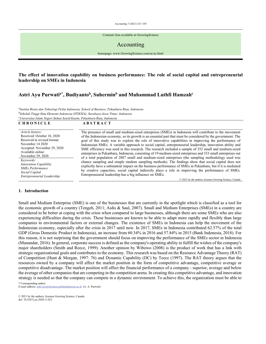 Pdf The Effect Of Innovation Capability On Business Performance The Role Of Social Capital And Entrepreneurial Leadership On Smes In Indonesia