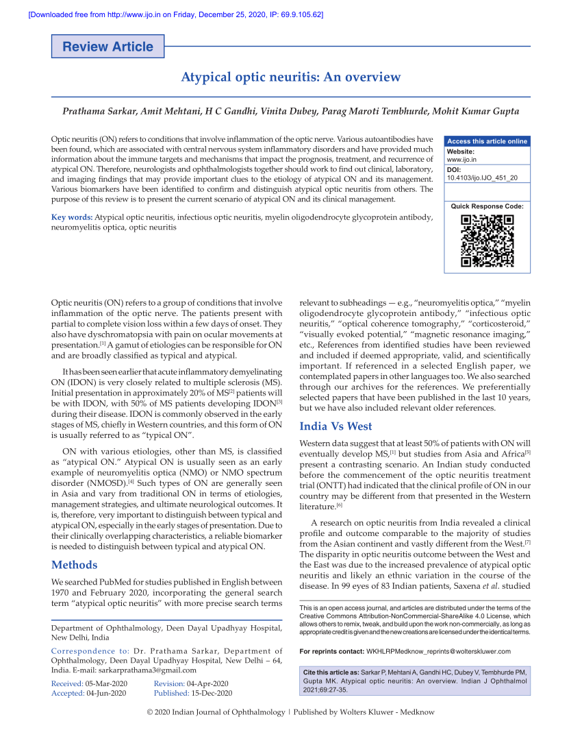 Pdf Atypical Optic Neuritis An Overview 