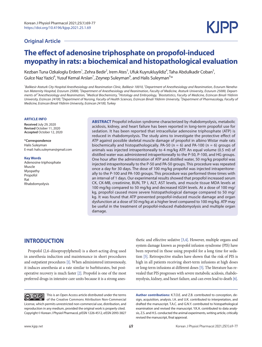 Pdf The Effect Of Adenosine Triphosphate On Propofol Induced Myopathy In Rats A Biochemical And Histopathological Evaluation