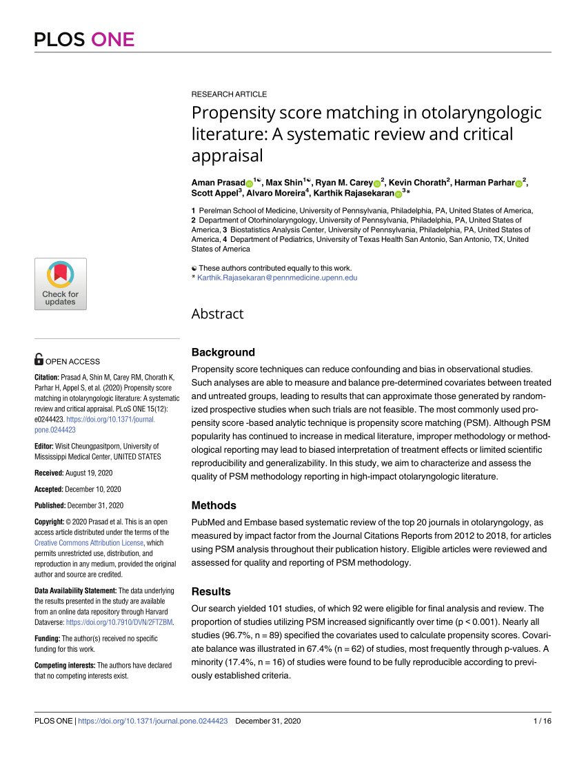 PDF) Propensity score matching in otolaryngologic literature: A systematic  review and critical appraisal