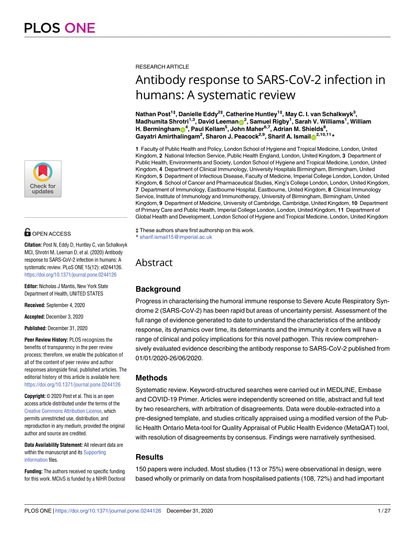 Pdf Antibody Response To Sars Cov 2 Infection In Humans A Systematic Review