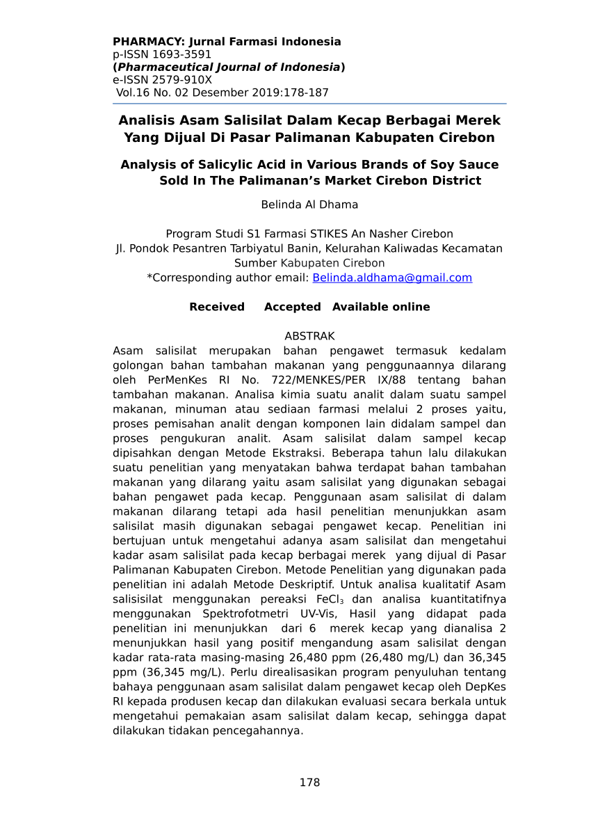 Pdf Analisis Asam Salisilat Dalam Analysis Of Salicylic Acid In Various Brands Of Soy Sauce 5778