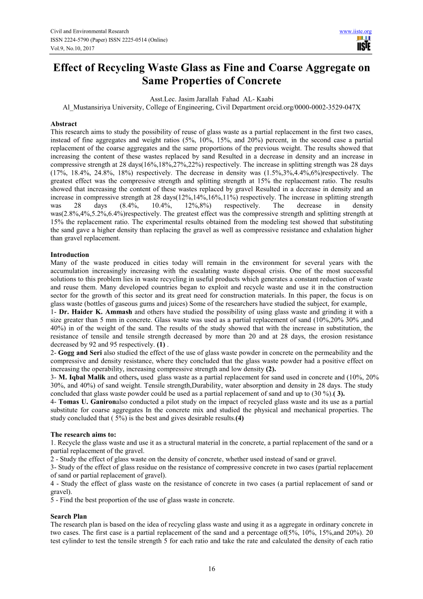 (PDF) Effect of Recycling Waste Glass as Fine and Coarse Aggregate on