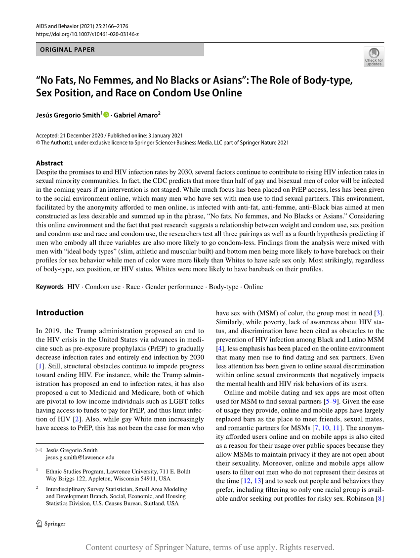 No Fats, No Femmes, and No Blacks or Asians”: The Role of Body-type, Sex  Position, and Race on Condom Use Online | Request PDF