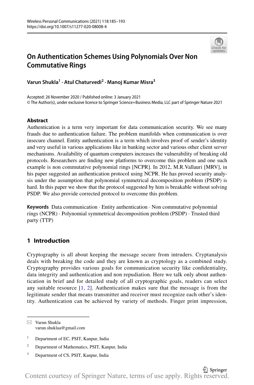 On Authentication Schemes Using Polynomials Over Non Commutative Rings Request Pdf