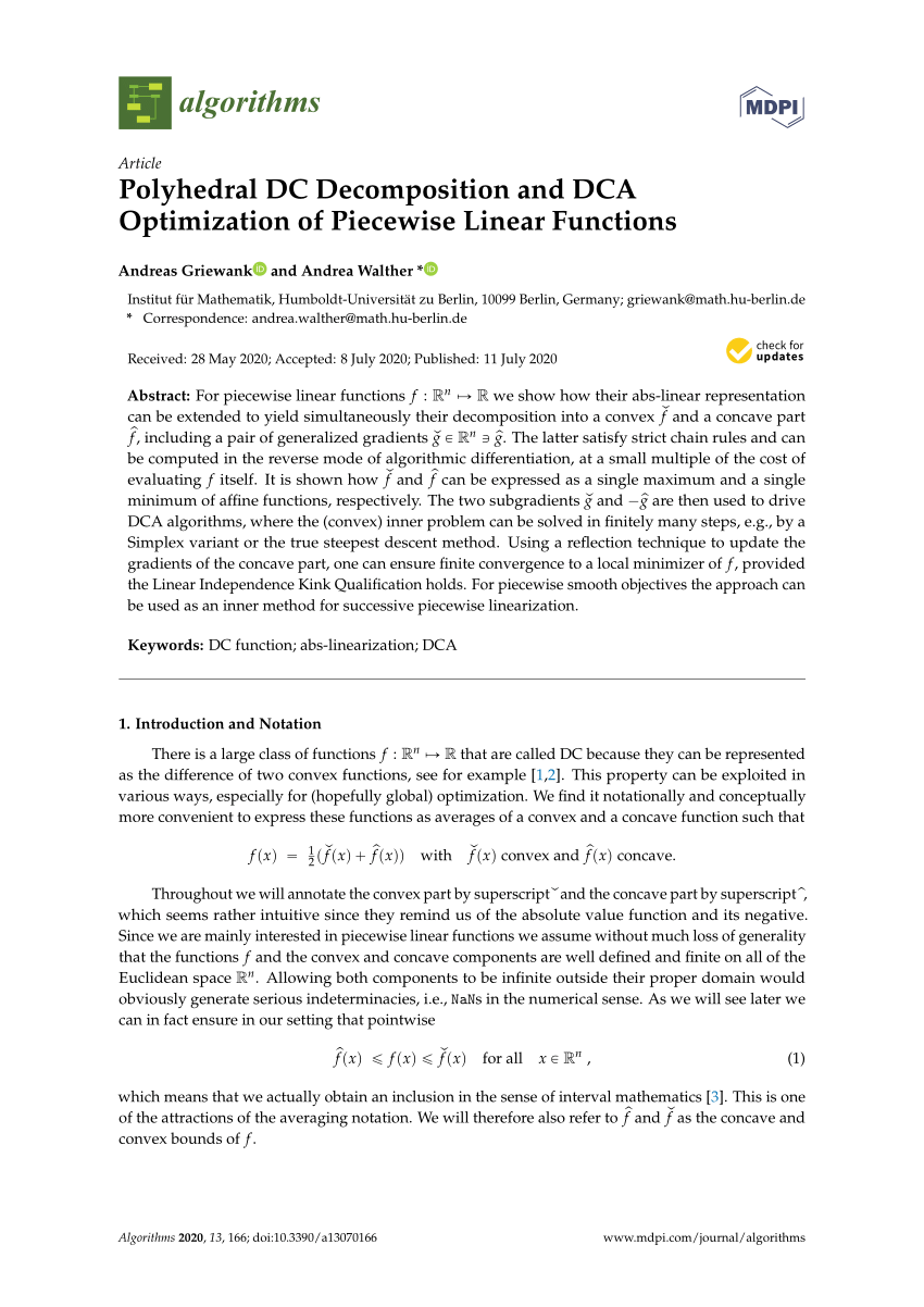 Pdf Polyhedral Dc Decomposition And Dca Optimization Of Piecewise Linear Functions