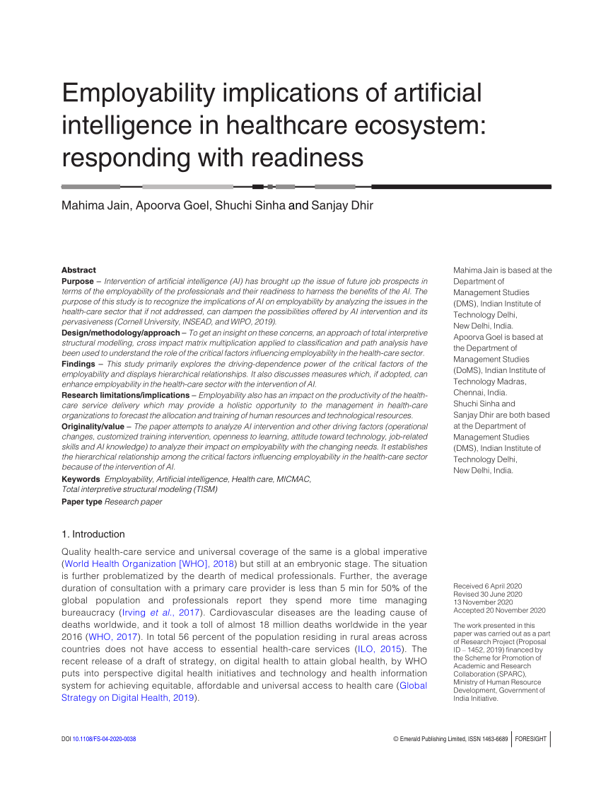 Pdf Employability Implications Of Artificial Intelligence In Healthcare Ecosystem Responding With Readiness