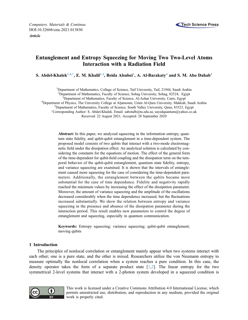 Pdf Entanglement And Entropy Squeezing For Moving Two Two Level Atoms Interaction With A Radiation Field