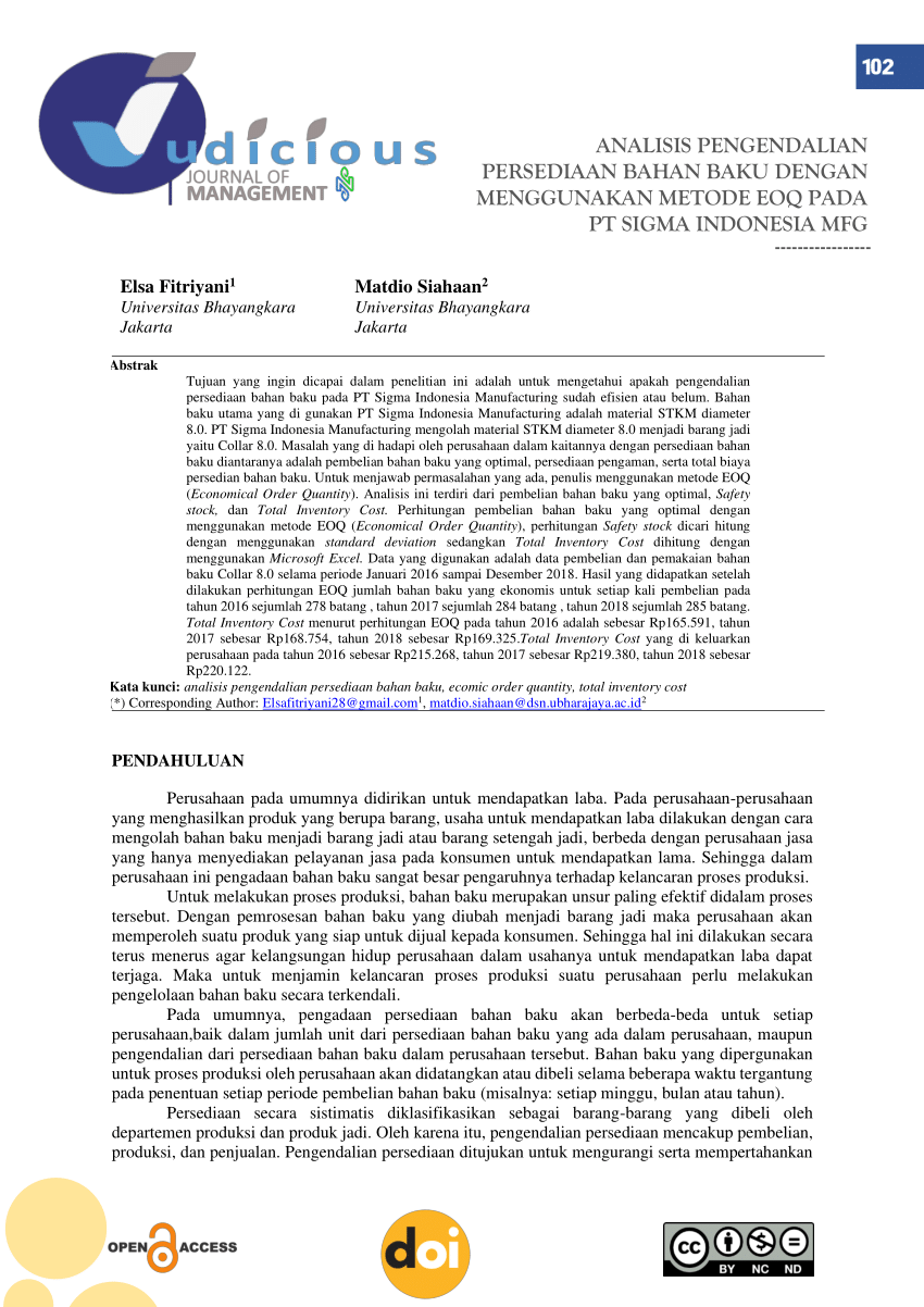 Pdf Analisis Pengendalian Persediaan Bahan Baku Dengan Menggunakan Metode Eoq Pada Pt Sigma 9601