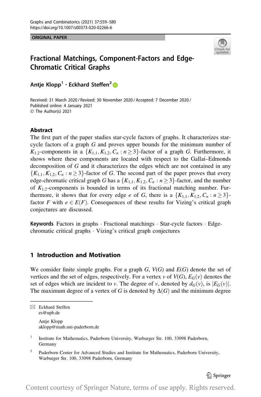 Pdf Fractional Matchings Component Factors And Edge Chromatic Critical Graphs