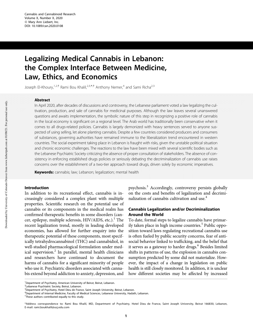 Pdf Legalizing Medical Cannabis In Lebanon The Complex Interface Between Medicine Law Ethics And Economics