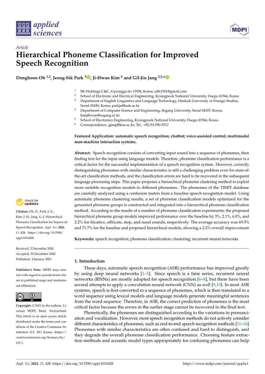 Pdf Hierarchical Phoneme Classification For Improved Speech Recognition