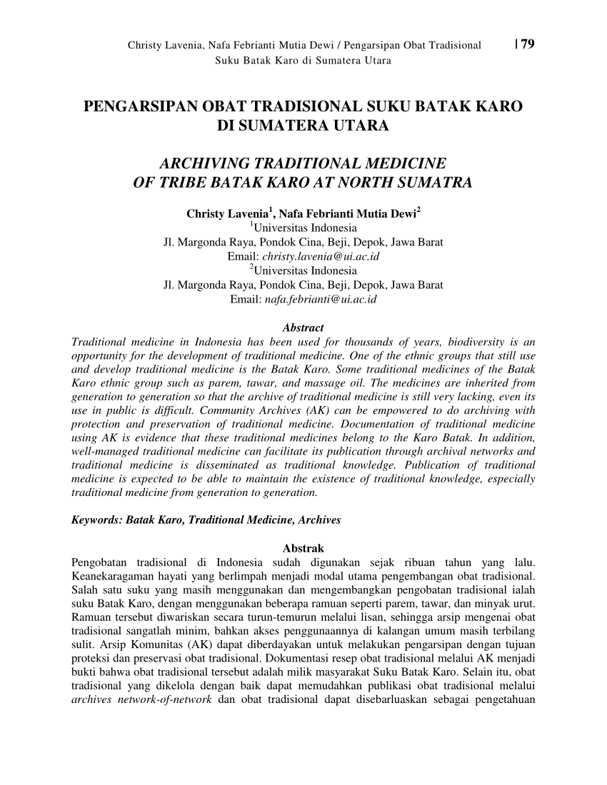 (PDF) PENGARSIPAN OBAT TRADISIONAL SUKU BATAK KARO DI SUMATERA UTARA