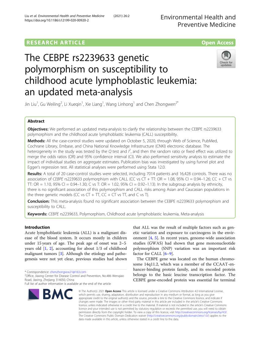 Pdf The Cebpe Rs Genetic Polymorphism On Susceptibility To Childhood Acute Lymphoblastic Leukemia An Updated Meta Analysis