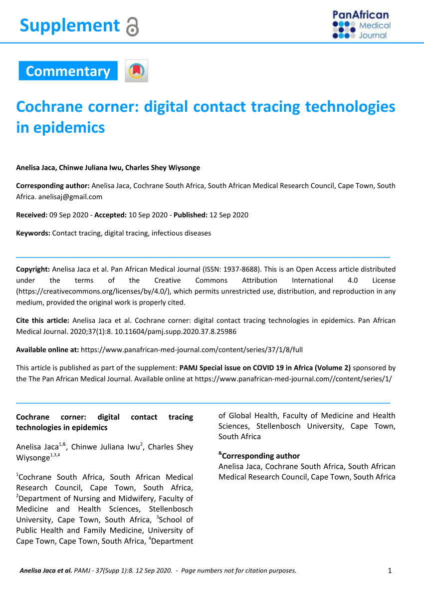 Pdf Cochrane Corner Digital Contact Tracing Technologies In Epidemics