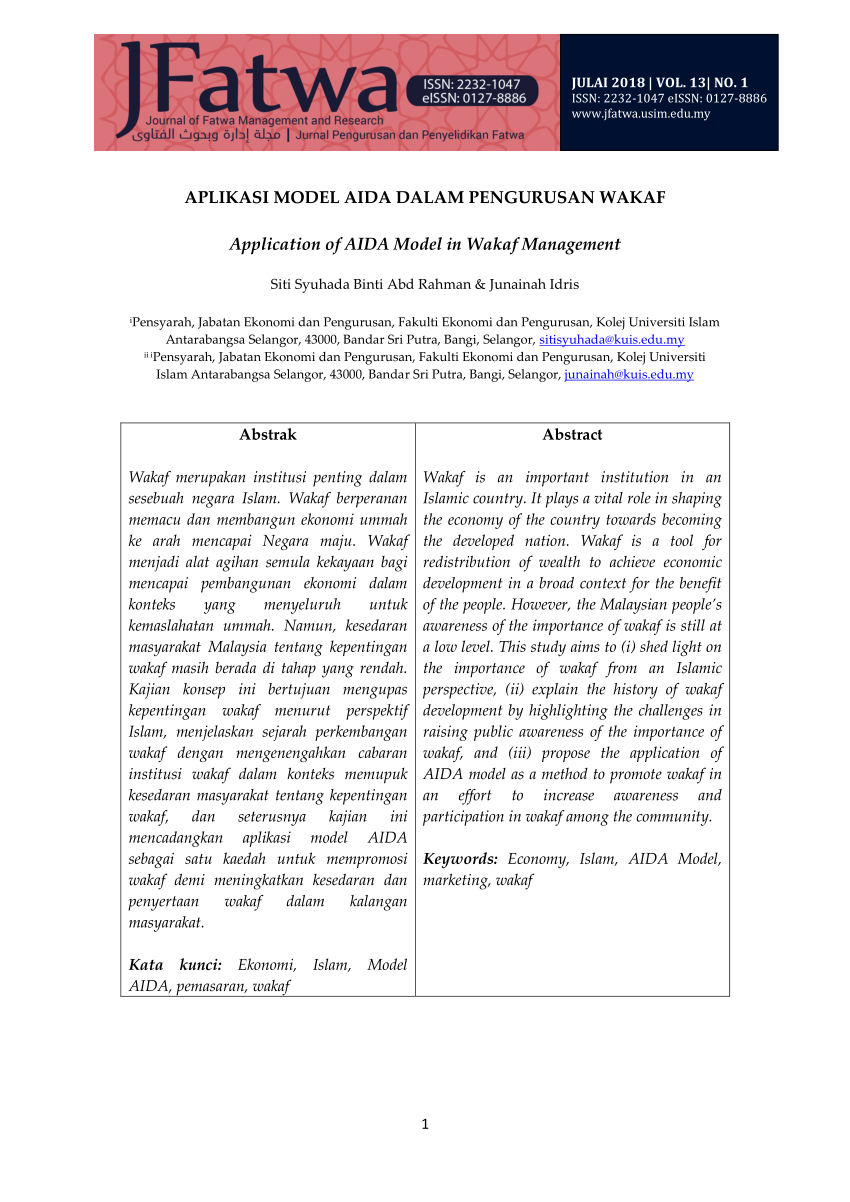 Pdf Aplikasi Model Aida Dalam Pengurusan Wakaf Application Of Aida Model In Wakaf Management