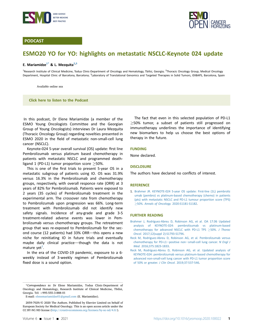 (PDF) ESMO20 YO for YO highlights on metastatic NSCLCKeynote 024 update