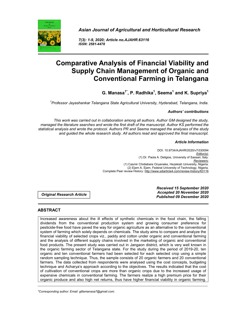 PDF) Comparative Analysis of Financial Viability and Supply Chain  Management of Organic and Conventional Farming in Telangana