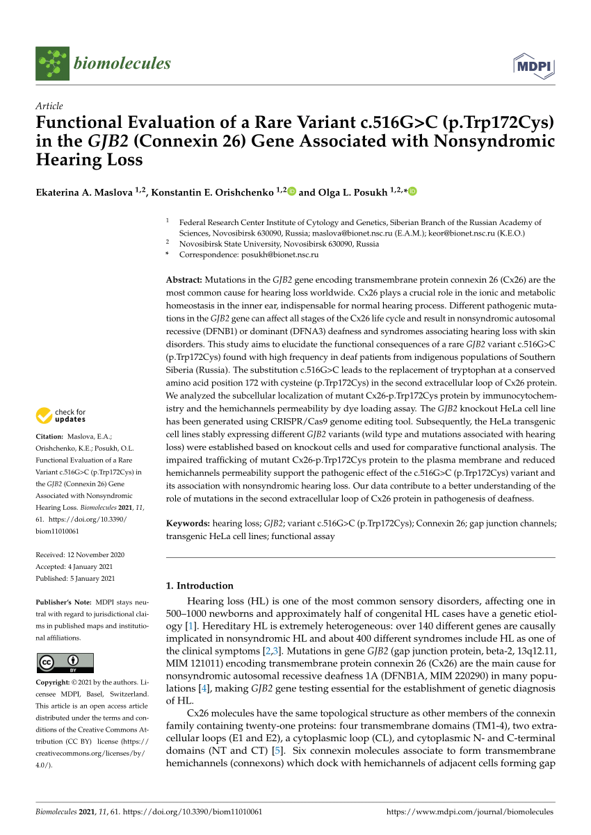 Pdf Functional Evaluation Of A Rare Variant C 516g C P Trp172cys In The Gjb2 Connexin 26 Gene Associated With Nonsyndromic Hearing Loss