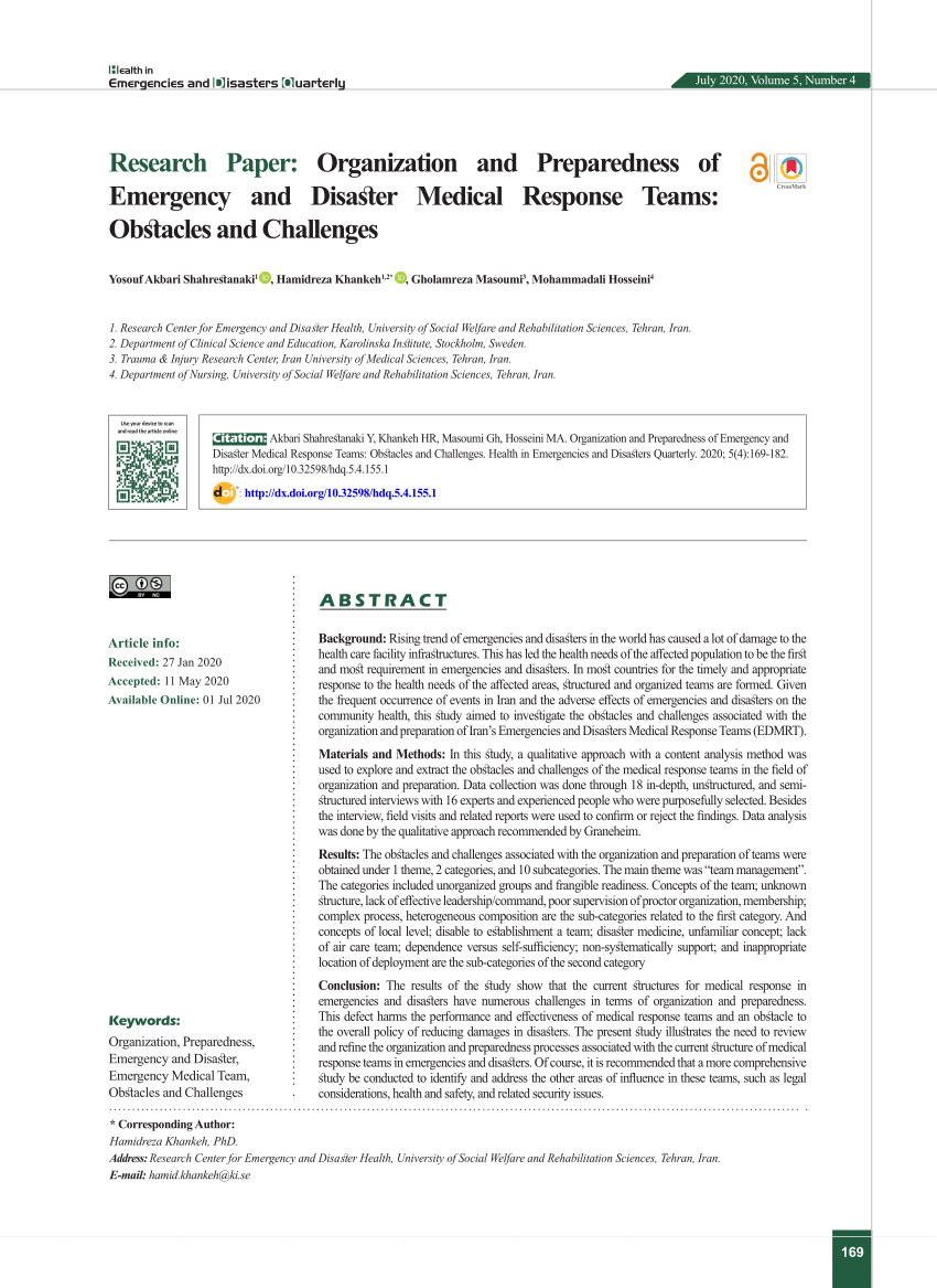 PDF) Organization and Preparedness of Emergency and Disaster Medical  Response Teams: Obstacles and Challenges