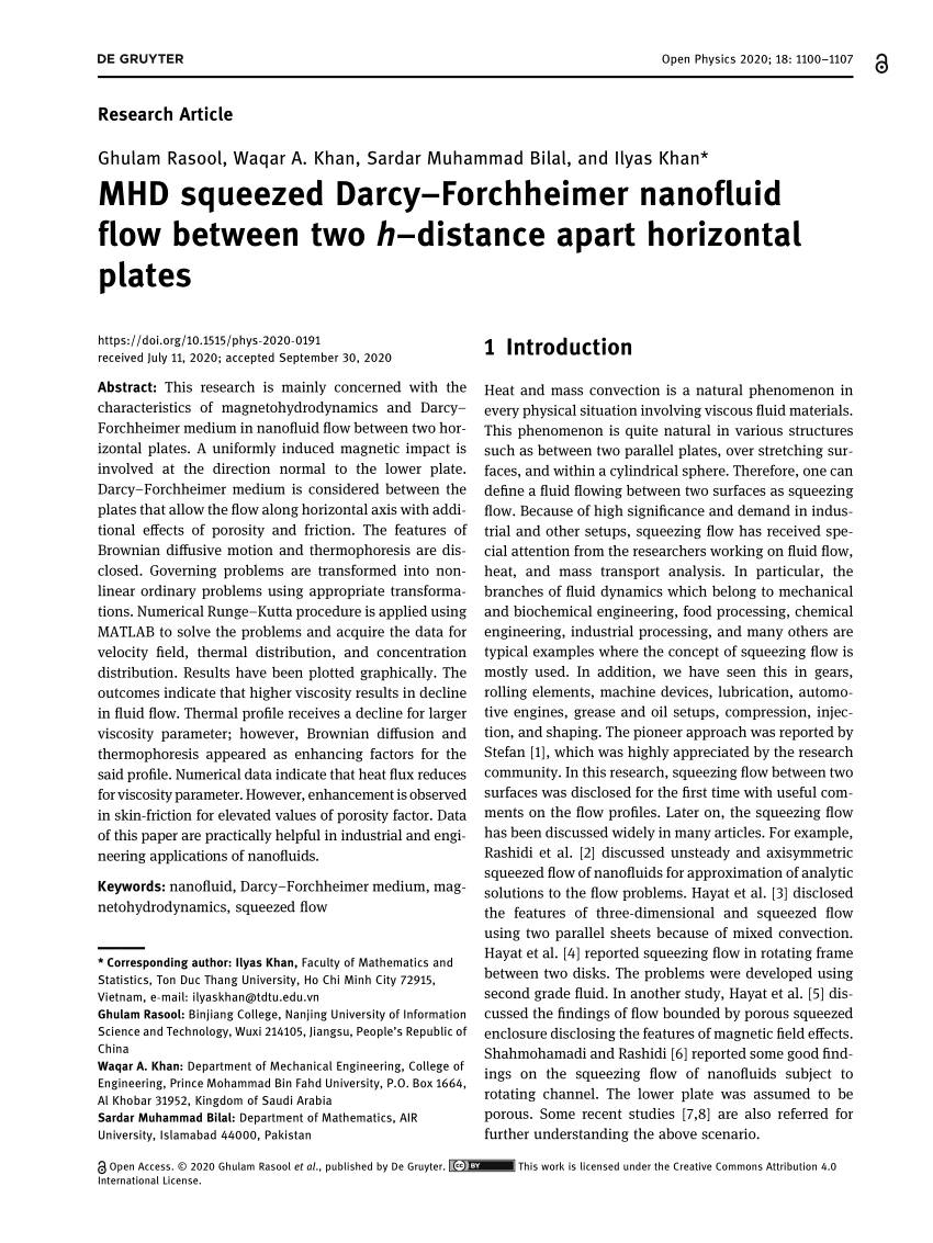 PDF) MHD squeezed Darcy–Forchheimer nanofluid flow between two h 