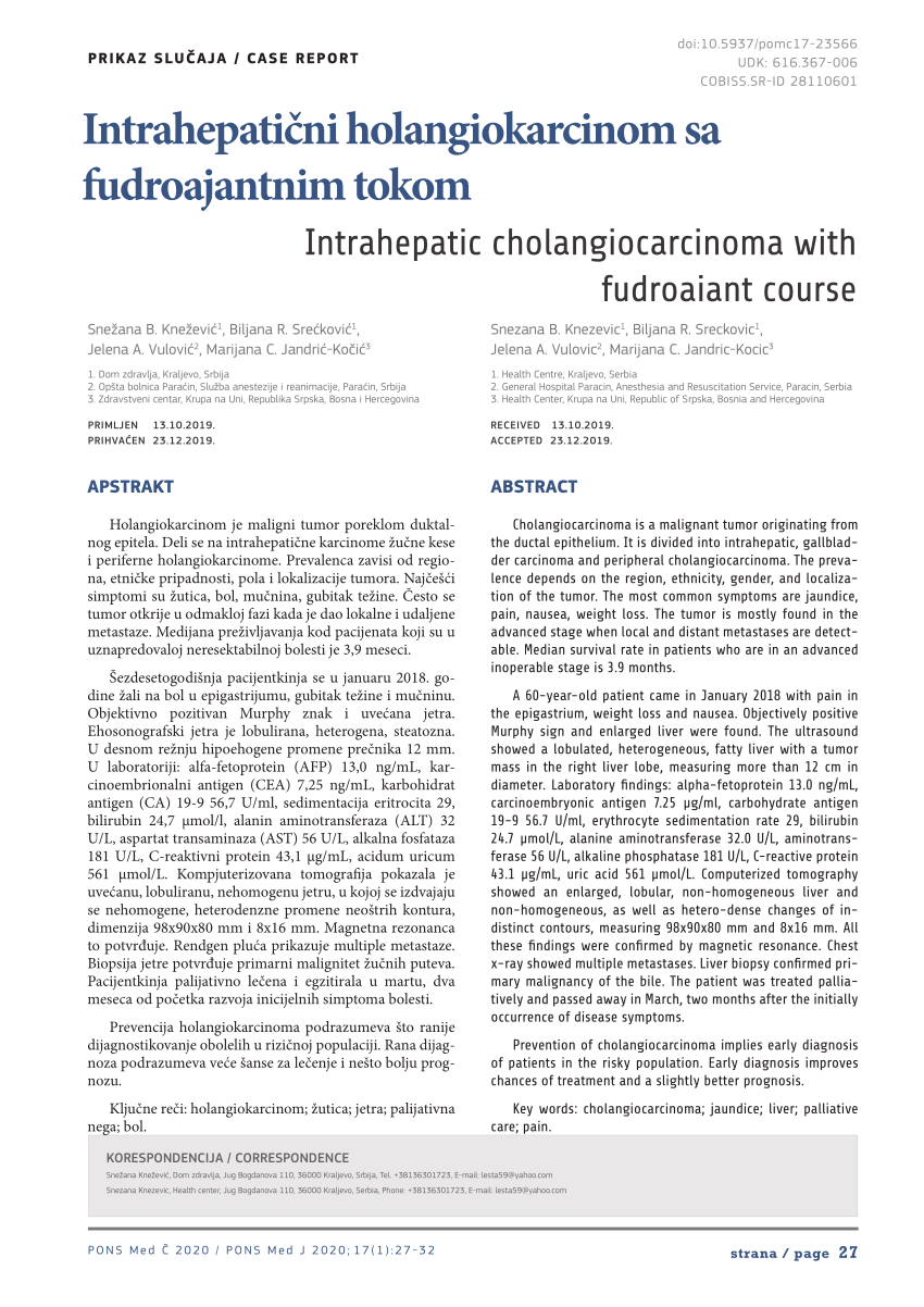 Pdf Intrahepatic Cholangiocarcinoma With Fudroaiant Course