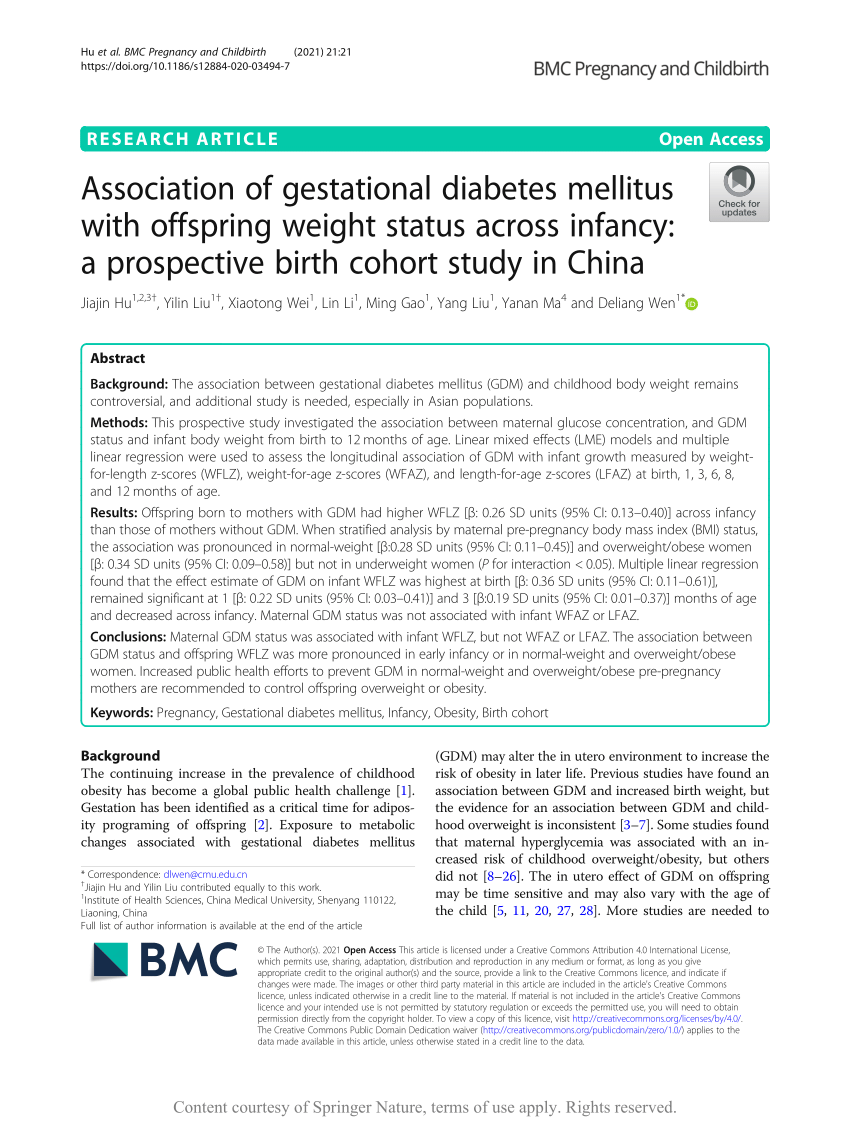 Pdf Association Of Gestational Diabetes Mellitus With Offspring Weight Status Across Infancy 9683