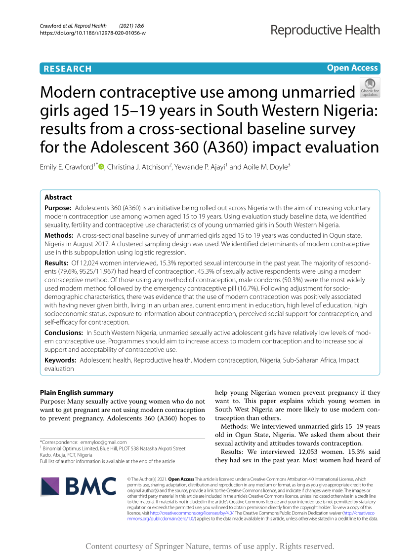 PDF) Modern contraceptive use among unmarried girls aged 15–19 years in  South Western Nigeria: results from a cross-sectional baseline survey for  the Adolescent 360 (A360) impact evaluation