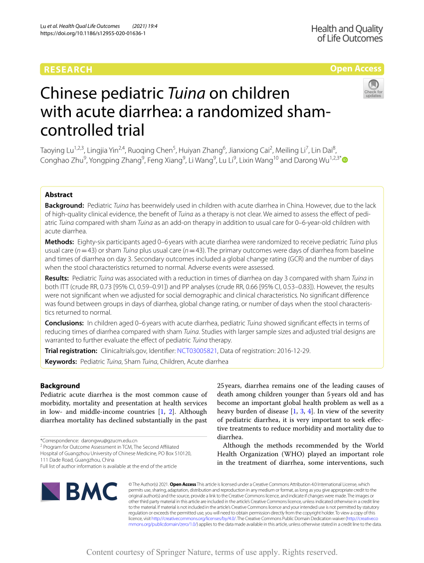 Pdf Chinese Pediatric Tuina On Children With Acute Diarrhea A Randomized Sham Controlled Trial