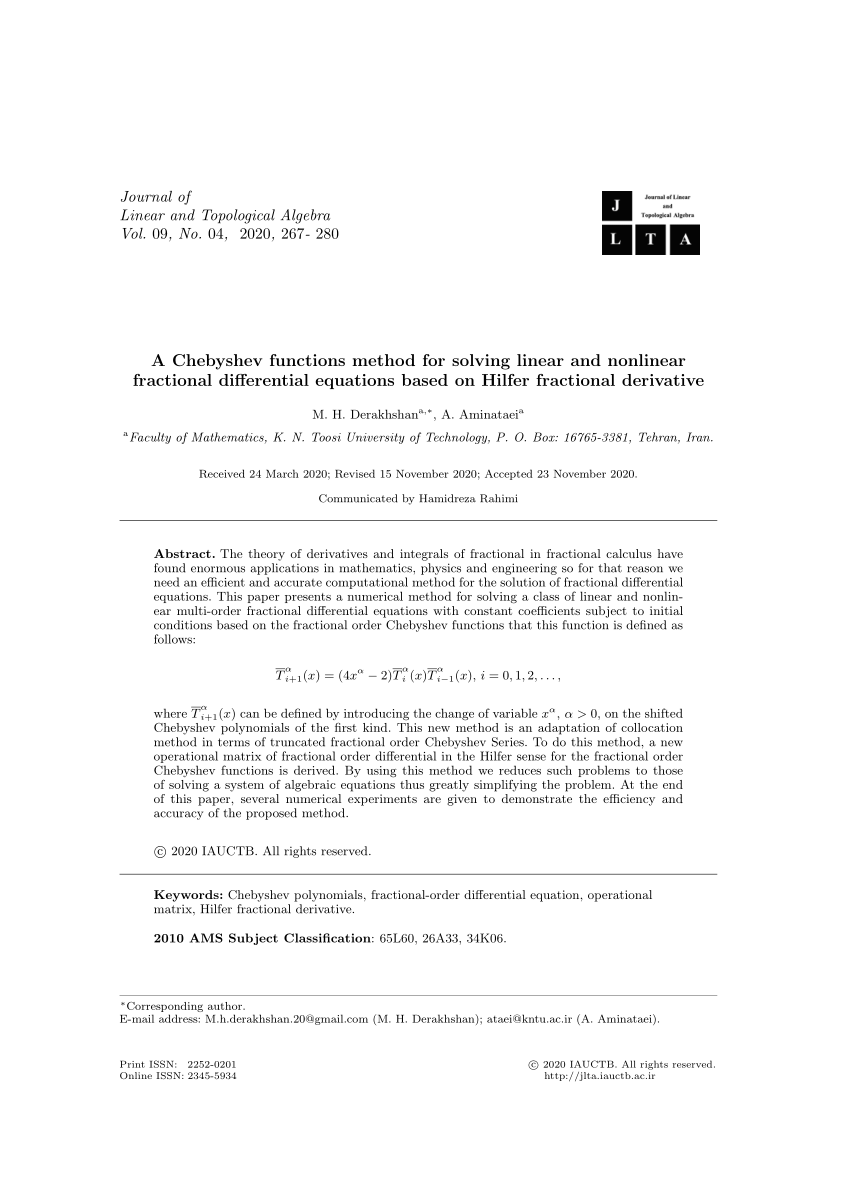 Pdf A Chebyshev Functions Method For Solving Linear And Nonlinear Fractional Differential Equations Based On Hilfer Fractional Derivative
