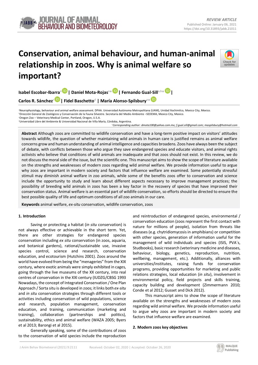 PDF) Conservation, animal behaviour, and human-animal relationship in zoos.  Why is animal welfare so important?