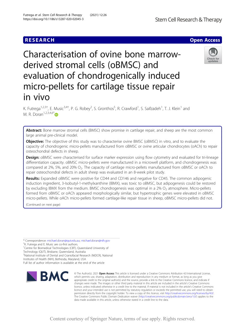 Pdf Characterisation Of Ovine Bone Marrow Derived Stromal Cells Obmsc And Evaluation Of Chondrogenically Induced Micro Pellets For Cartilage Tissue Repair In Vivo