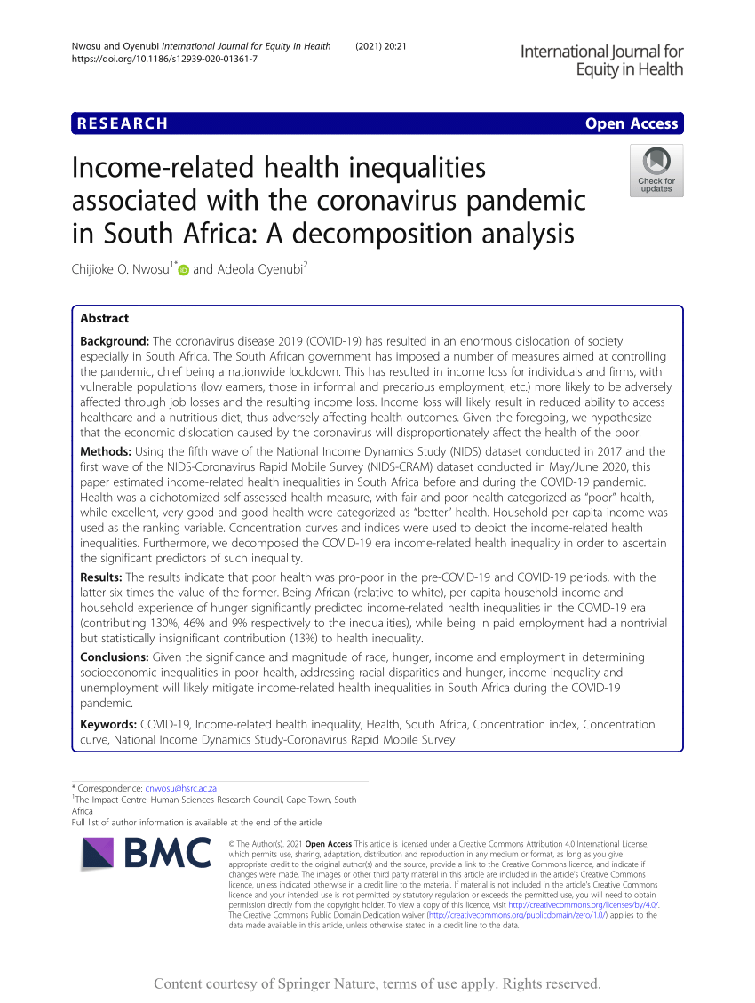 Pdf Income Related Health Inequalities Associated With The Coronavirus Pandemic In South Africa A Decomposition Analysis