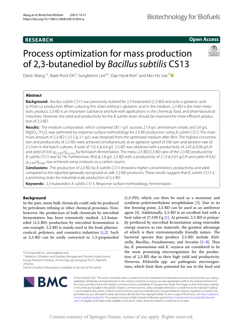 PDF) Process optimization for mass production of 2,3-butanediol by 