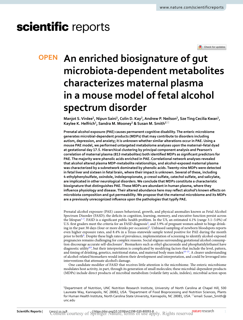 PDF) An enriched biosignature of gut microbiota-dependent metabolites  characterizes maternal plasma in a mouse model of fetal alcohol spectrum  disorder