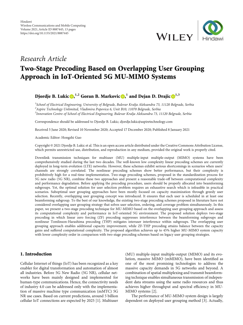 Pdf Two Stage Precoding Based On Overlapping User Grouping Approach In Iot Oriented 5g Mu Mimo Systems