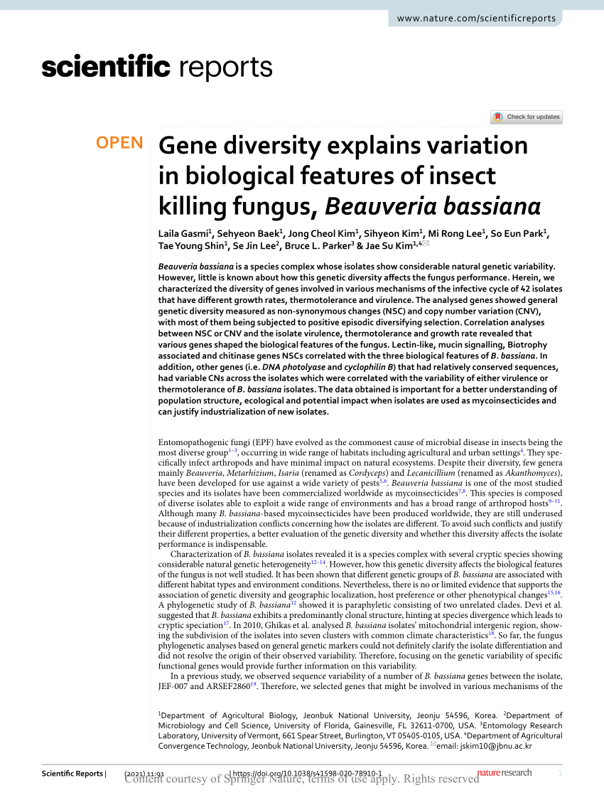 Gene diversity explains variation in biological features of insect killing  fungus, Beauveria bassiana
