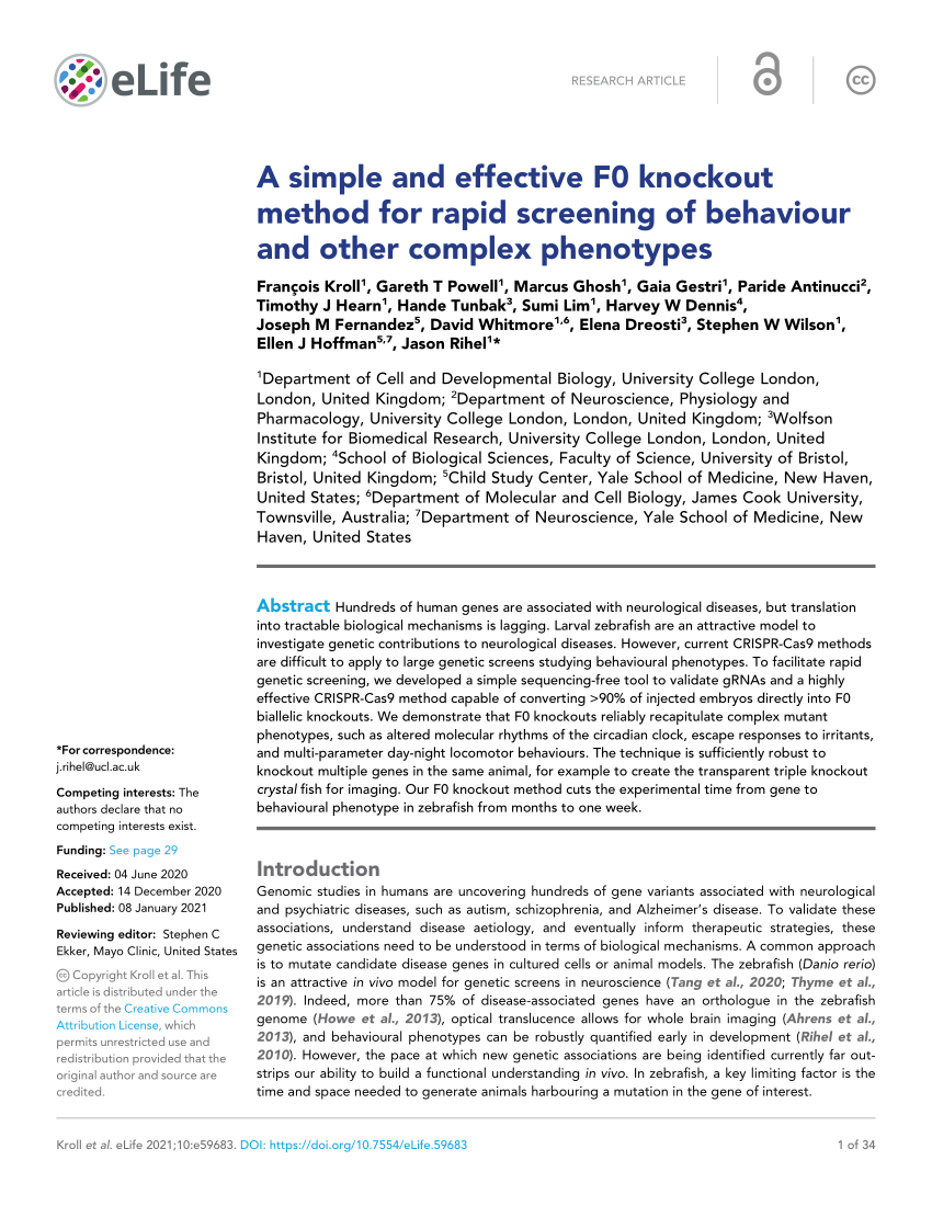 Pdf A Simple And Effective F0 Knockout Method For Rapid Screening Of Behaviour And Other Complex Phenotypes