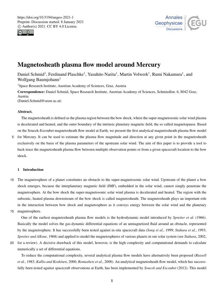 PDF) Magnetosheath plasma flow model around Mercury