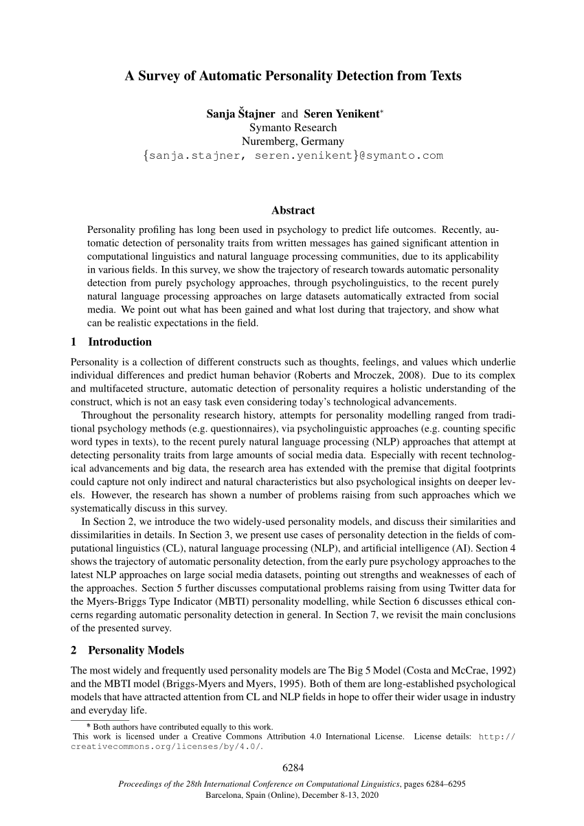 PDF] Detection of Myers-Briggs Type Indicator via Text Based  Computer-Mediated Communication