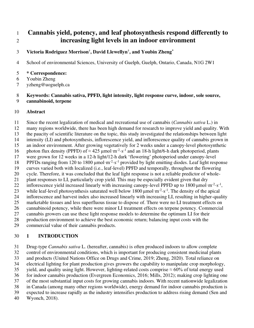 PDF) Cannabis Yield, Potency, and Leaf Photosynthesis Respond Differently  to 1 Increasing Light Levels in an Indoor Environment