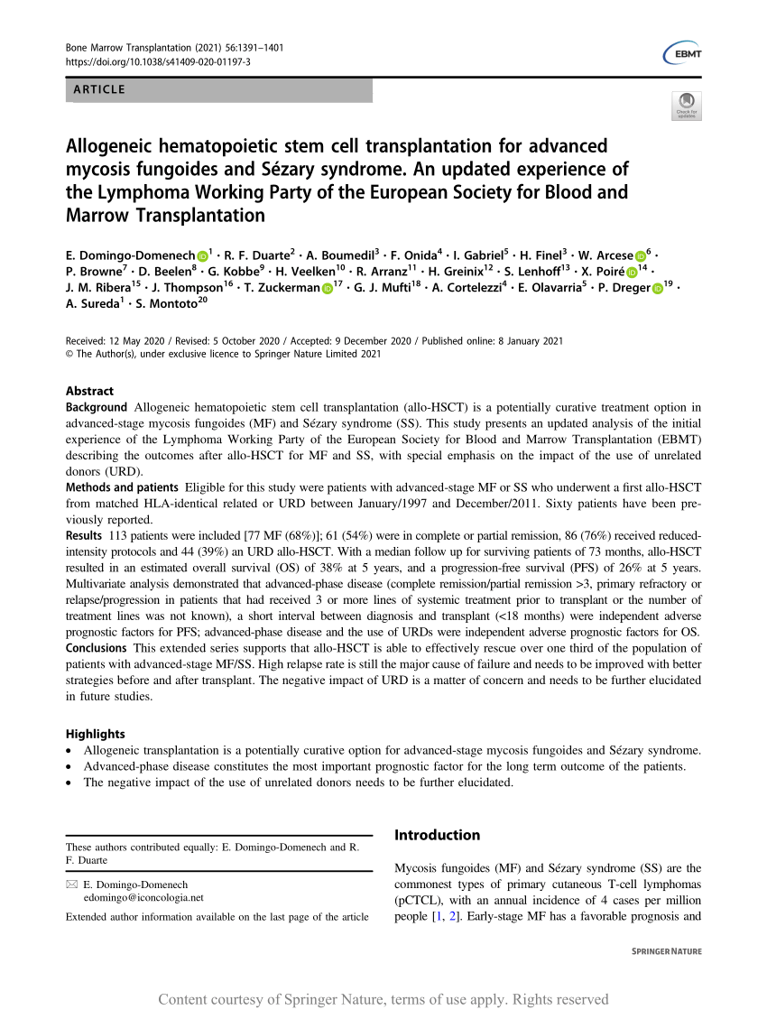 Allogeneic Hematopoietic Stem Cell Transplantation For Advanced Mycosis Fungoides And Sezary Syndrome An Updated Experience Of The Lymphoma Working Party Of The European Society For Blood And Marrow Transplantation Request Pdf